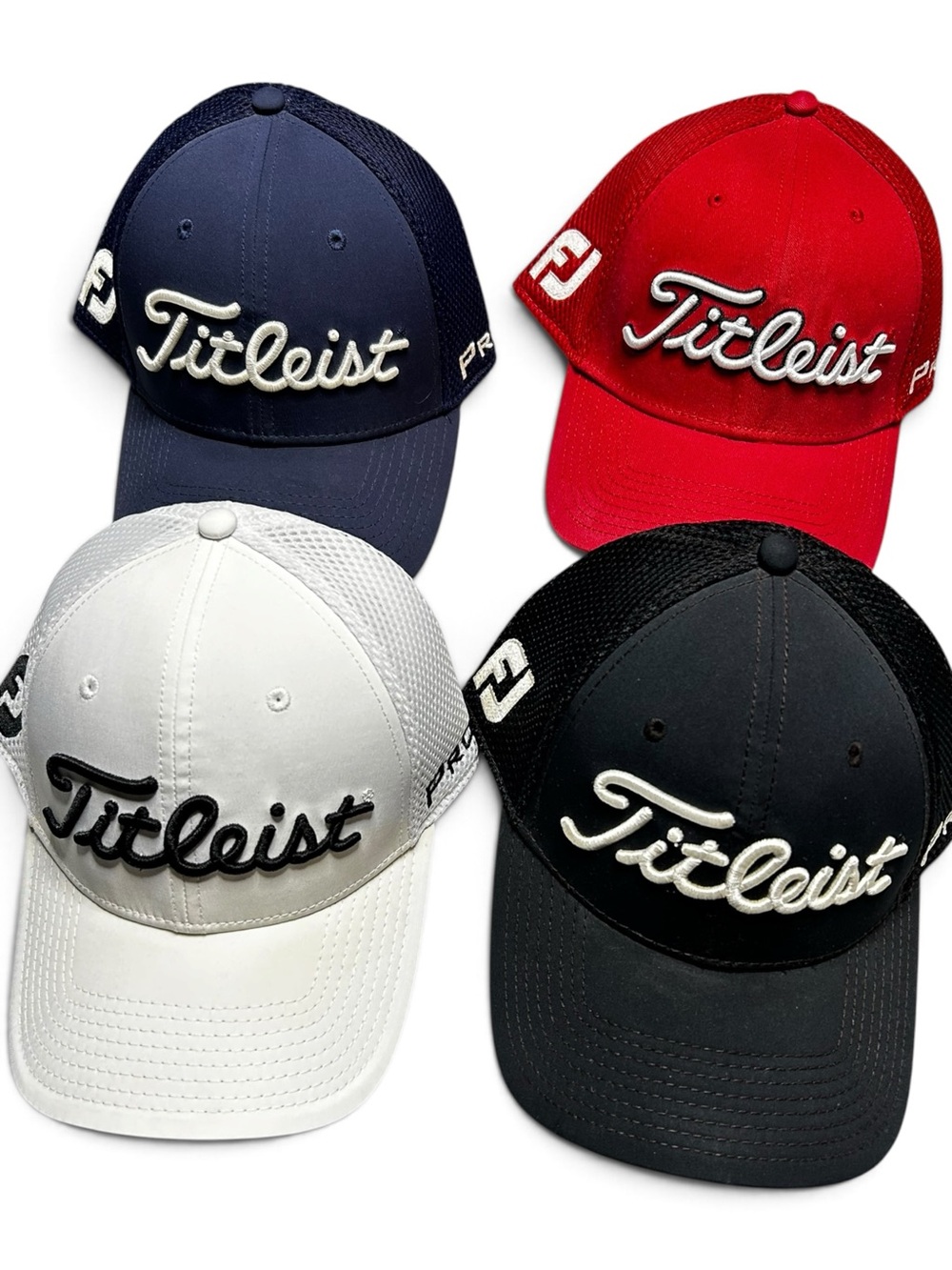 Titleist New Era Golf Fitted Hats Lot of 4 Mesh Pro V1 FJ Navy Red Black Mens